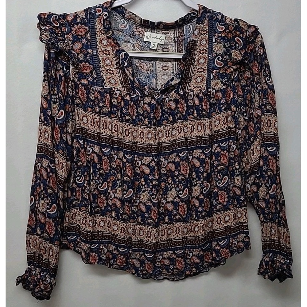 Wonderly Women Blouse Boho Flowy Witchy Festival Ruffled Shoulder & Cuffs Sz PS